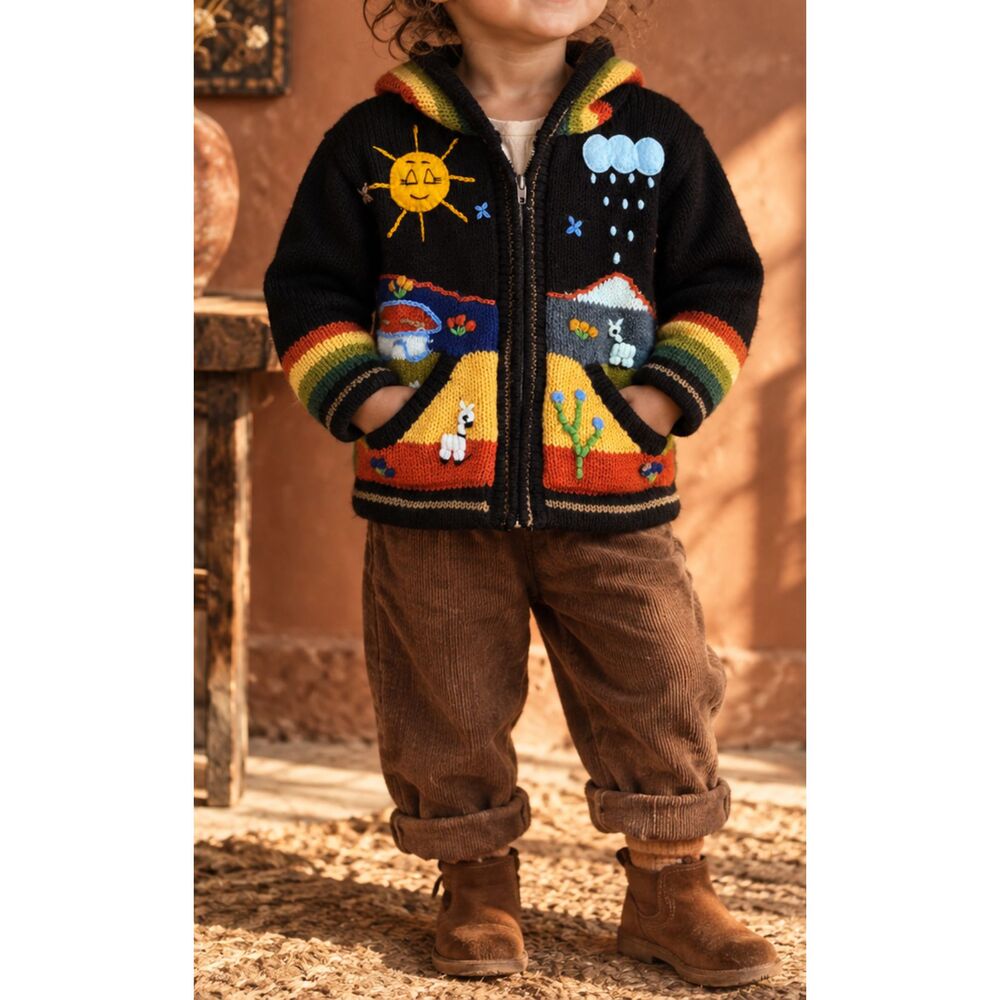 Inka Maki Kids Size 2 Hooded Knit Cardigan Hand Embroidered Llama Andean Sweater